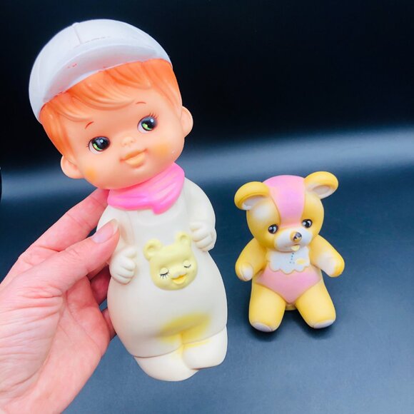Vintage LOT of 60s Kitsch Squeaky Toys Little Boy -Teddy Bear with Baby Blanket - Picture 2 of 10